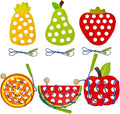ECam 6 Pcs Lacing Toy for Toddlers, Wooden Threading Toys, Educational and Learning Montessori Activity for Baby and Kids, Fine Motor Skill Toys, Apple Pear Strawberry Watermelon Orange Pineapple