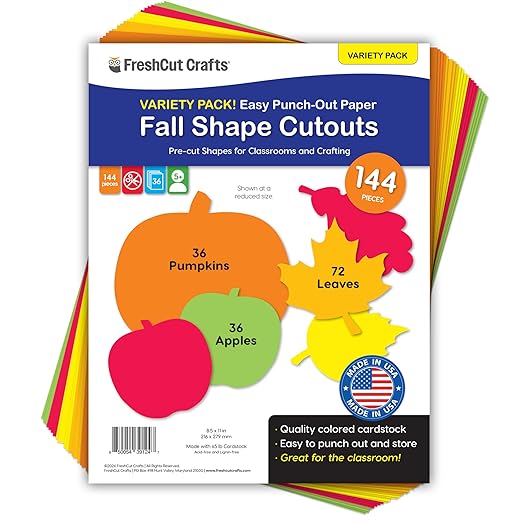 144 Pieces Fall Leaves, Pumpkins, and Apples Punch Out Paper Cutouts in Fall Colors, 2-Sided US Made Card Stock for Thanksgiving and Halloween Crafts, Bulletin Boards, Classroom Decor, Festive Events
