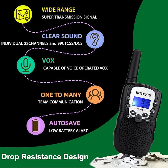 Retevis RT388 Walkie Talkies for Kids,Toys Walkie Talkie for 6-12 Years Old Boys Girls,Kids Toys Gifts for Outside Trip Camping Hiking (Black,1 Pair)