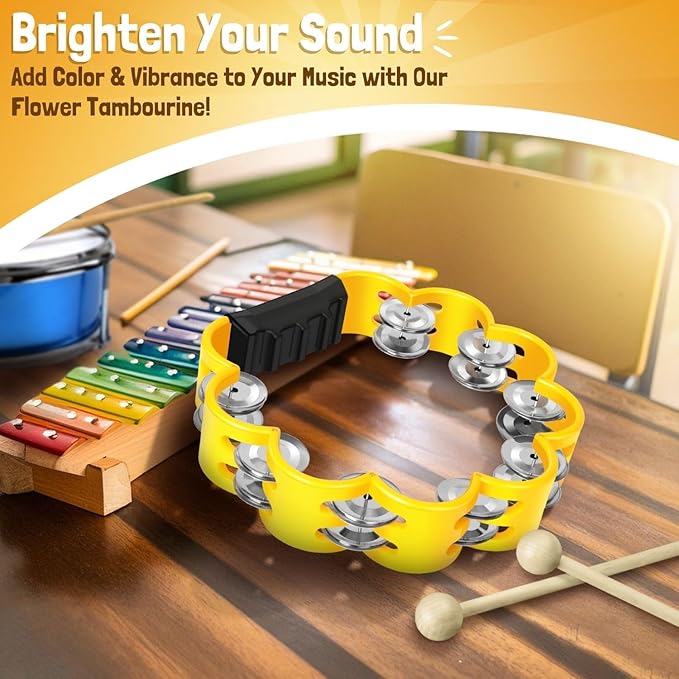 Flexzion Flower Tambourine - 8 Inch Handheld Percussion Instrument w/Metal Jingles & Ergonomic Grip - Small Tambourines for Adults, Kids, Church, Parties, & Musical Events (Yellow)