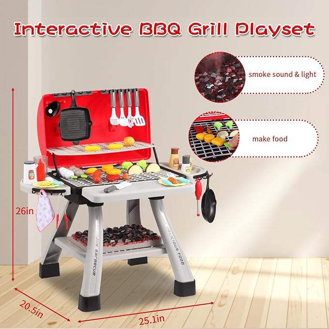 Kids BBQ Grill Playset with Simulated Smoke & Sound & Light, Play Kitchen Set W/ 41PCS Toy Food, Indoor & Outdoor Interactive Kitchen Pretend Play Toys, Cooking Toy Kit for Toddler Boy Girl 3 4 5+