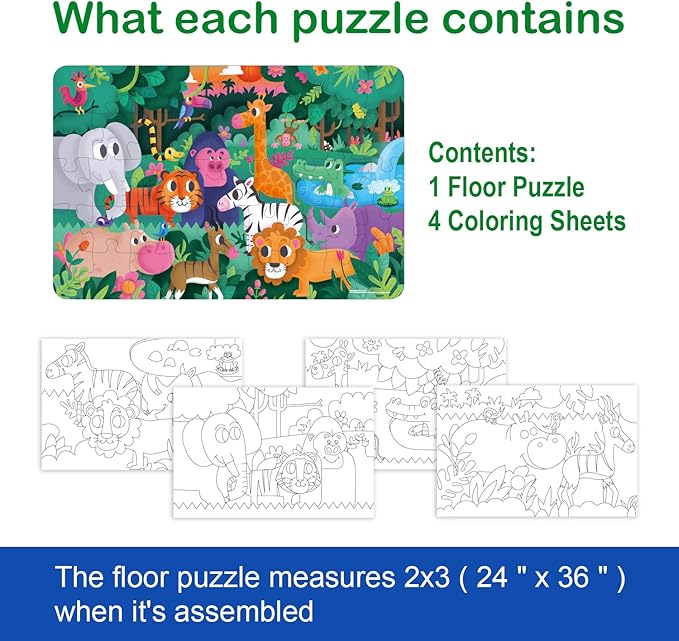 TAOZI&LIZHI Puzzles for Kids Ages 4-6, 6-8, Jungle Animals Toddler Puzzle Age 2-4, Jigsaw Floor Puzzles for Kids Ages 3-5, Puzzles Gifts Toys for Boys Girls Children (46 pcs, 2 x 3 feet)