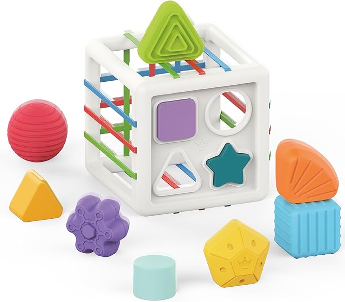 PlenPLAY Shape Sorter Toy for Toddlers Age 1+, Educational Sorting Toy with Bright Colors and Multiple Shapes, Durable and Safe Learning Toy for Early Childhood Development (Cube, ABS Plastic)