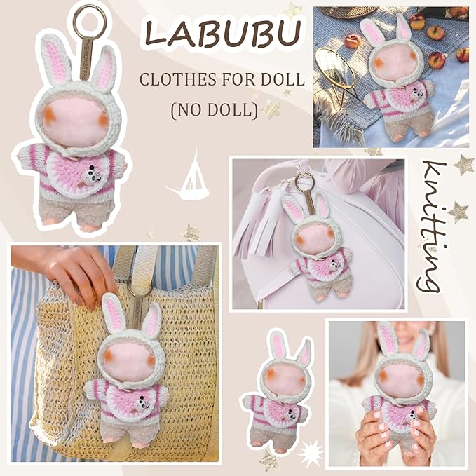 Clothes for Labubu 17cm Labubu Accessories Crochet 3 Piece Set Outfits for Labubu(Pink Rabbit)
