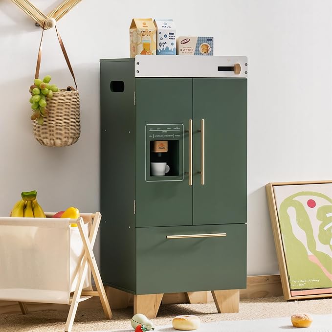 ROBOTIME Wooden Toy Fridge - Play Kitchen Set with Accessories, Kitchen Playset Interactive Refrigerator for Pretend Play Fridge for Kids, Toddler Kitchen Appliance (Vintage Green)
