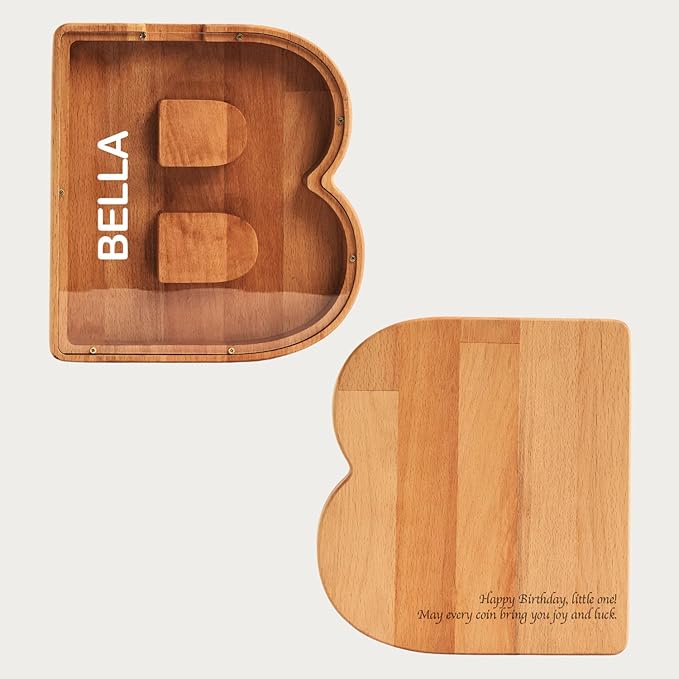 Personalized Wooden Piggy Bank – Custom Letter B Coin Bank in Beech Wood with Acrylic Front, Engraved Name Option, Money Box for Kids and Adults