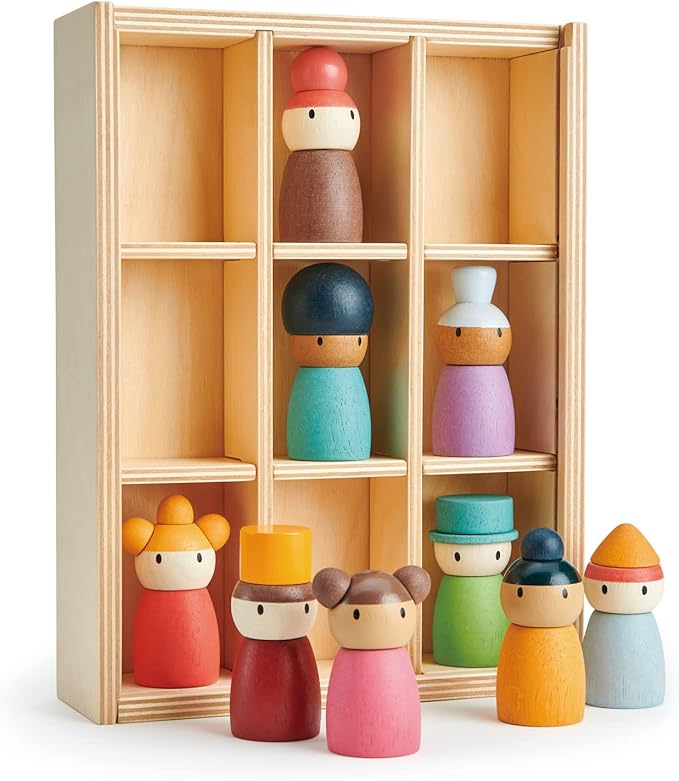 Tender Leaf Toys - Happy Folk Hotel - 9 Pcs Wooden Diversity Peg Dolls Open-Ended Toys - Montessori People Figures Play Set - Age 3+
