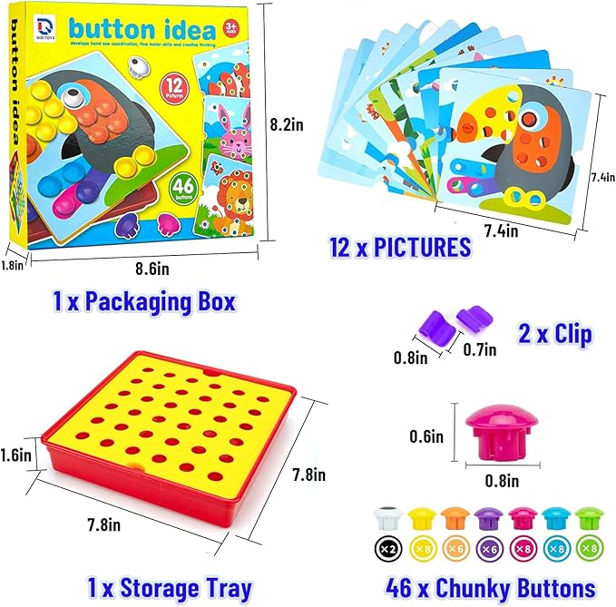 Button Art Toys for Toddlers, Crafts for Age 3-5, Early Educational Toys, Color Matching Mosaic Pegboard, Fine Motor Skills Game, Preschool Learning Activity Gifts for Boys & Girls 3+