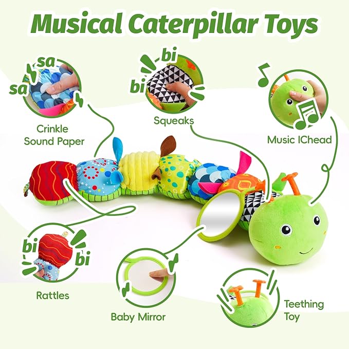 Baby Toys 0-6 Month, Musical Caterpillar Baby Rattle, Plush Sensory Toy with Mirror, Crinkle Textures, Newborn Developmental Tummy Time Stuffed Animal for Infants Boys Girls 6-12 Months (Green)