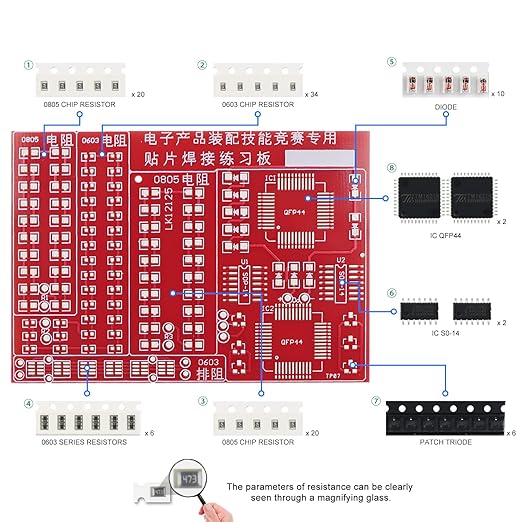 Soldering Practice Kit DIY Red PCB 0603 Series Resistors SMD SMT Electronics Projects Soldering Kit Simple Welding Skills Learn Soldering Kit for Beginners (02H0703)