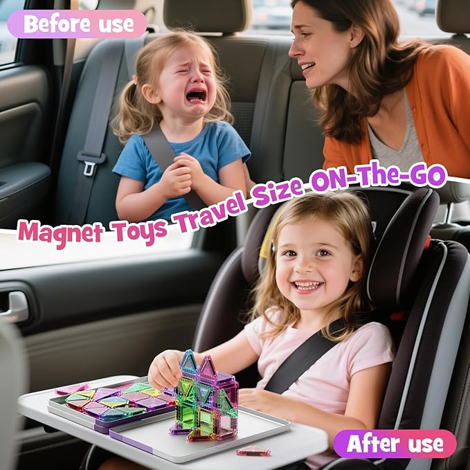 Mini Magnetic Tiles, 40PCS Magnetic Building Blocks with Iron Box, Magnet Toys Travel Size On-The-Go Construction Set STEM Travel Toys for Boys and Girls Ages 3+