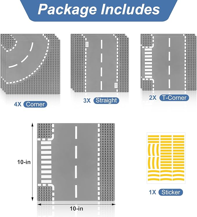 9 Pack Road Base Pates for Building, Compatible with Lego Classic Bricks, 10” x 10” Baseplates Fits for Lego Roads, Road Base Plates for City Sets (Attached DIY Stickers)