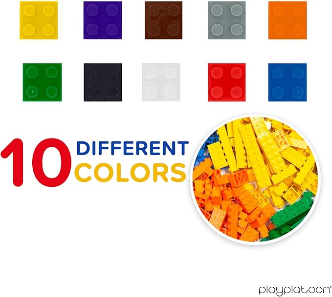 Play Platoon 1100 Pieces Building Bricks Set - 10 Classic Color Blocks - Bulk Building Blocks Compatible with Major Brands, 14 Different Shape Bricks - Includes Wheels, Tires, Axles, Windows & Door