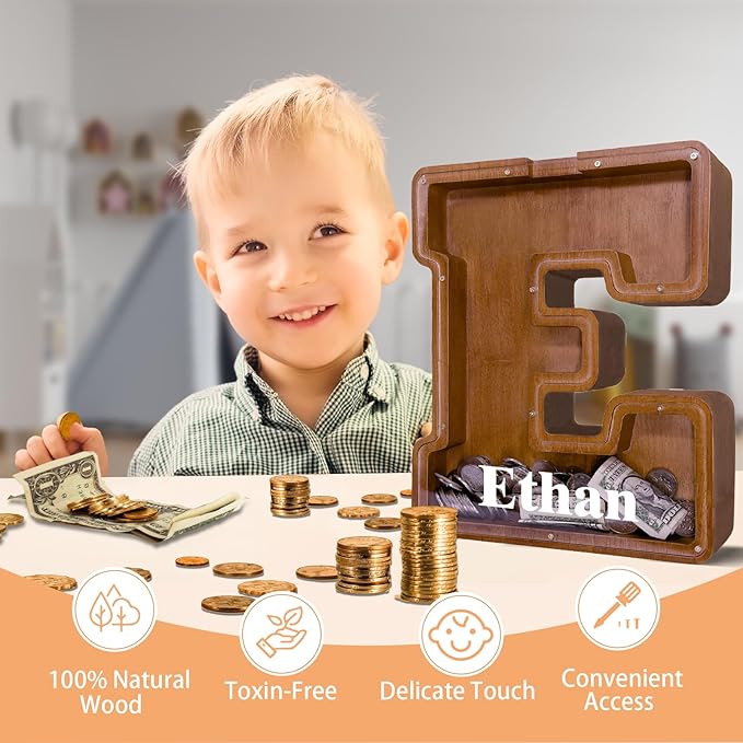Wooden Letter Piggy Bank for Kids Larger Letter Piggy Bank for Boys and Girls Personalized Piggy Bank Initial Coin Bank Wood Kids Money Bank for Birthday and Festival