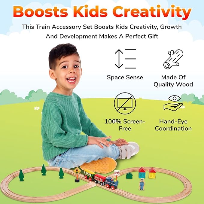 Wooden Train Set 100 Piece All in One Wooden Toy Train Tracks Set with Magnetic Trains and Railway Accessories, Comes in A Clear Container, Compatible with All Major Brands