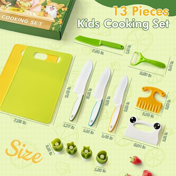 Chanking 13 Pieces Kids Knife Set for Real Cooking Child-Friendly Plastic Chef Tools, Montessori Kitchen Toys, Gifts for Boys and Girls Ages 3+