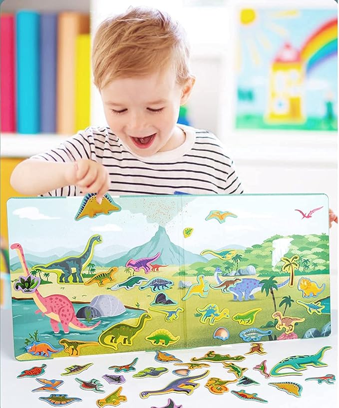 Dinosaurs Fridge Magnets for Kids, 50 PCS Refrigerator Magnets for Toddlers, Create a Scene Magnetic Play Sticker Book Travel Game Educational Toys for Kids