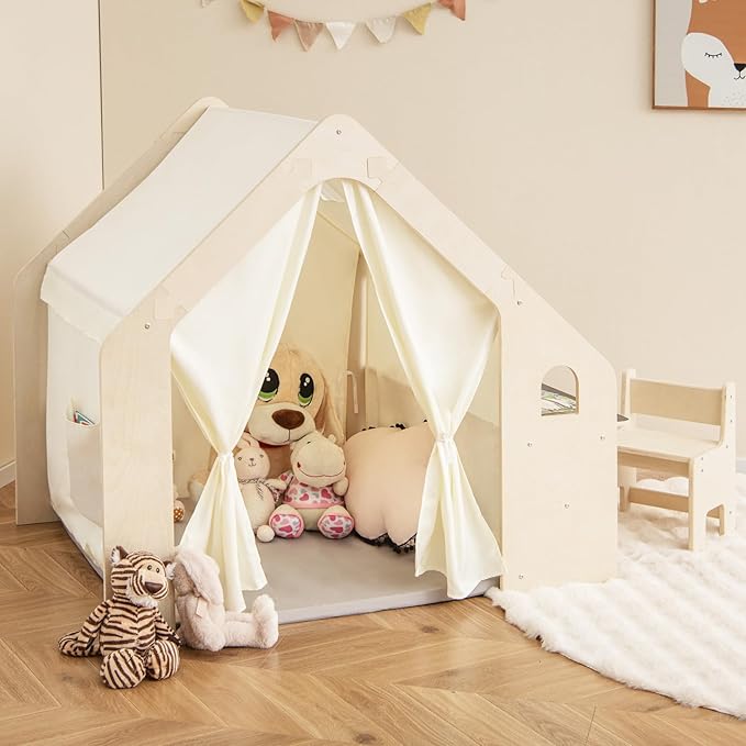 Costzon Kids Tent, 6-in-1 Wooden Frame Play House with Table and Chair Set, Blackboard, Side Storage Bag & Soft Floor Mat, Indoor Playhouse for Boys Girls Aged 2-6 Years Old