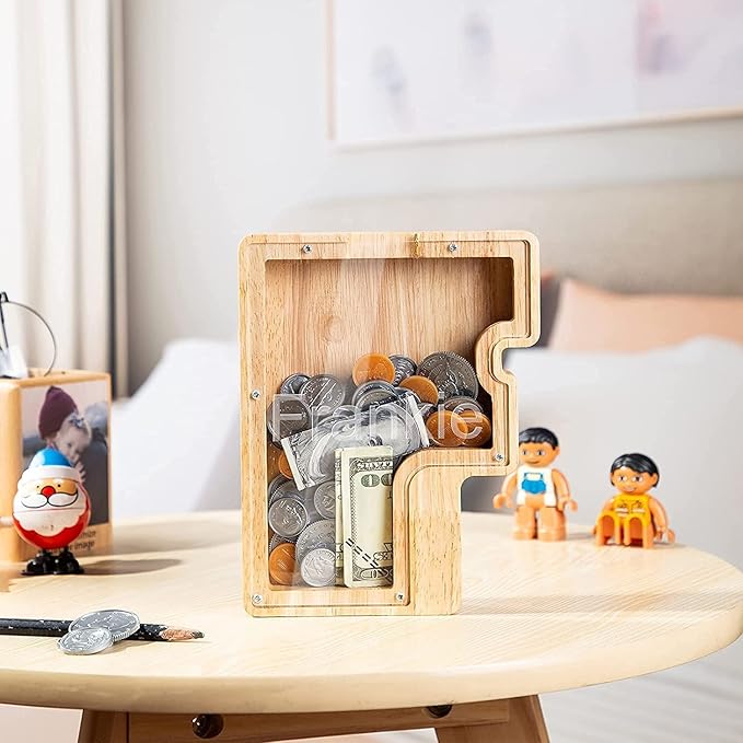 Twenty-six English Alphabet A-Z Letter Piggy Bank,Large-Capacity Transparent Wooden Alphabet Piggy Bank，Personalized Coin Savings Box, Name DIY Creative Purchase Combination.