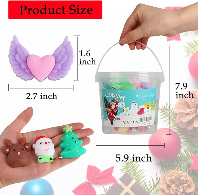 KINGYAO Squishy Fidget Toys, Mini Mochi Squishies 24 Pcs Party Christmas Mochi Favors for Kids Kawaii Snow Man Squishy Stress Relief Toys with Storage Box