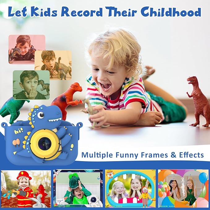 Dinosaur Kids Camera, Toddler Camera, Christmas Birthday Gifts Toys for Boys Age 3-12 Years, HD Selfie Kid Digital Camera with 32GB Card, Dinosaurs Toys for Kids 3 4 5 6 7 8 Years Old Gift (Blue)
