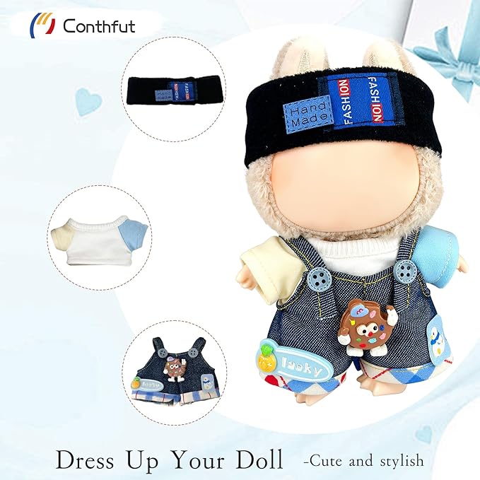 Overalls Doll Clothes ,17cm/15cm Dolls Outfit Set,Accessories for Doll,Stylish Clothes Set Dress Up (No Doll) (Blue Overalls Suit)
