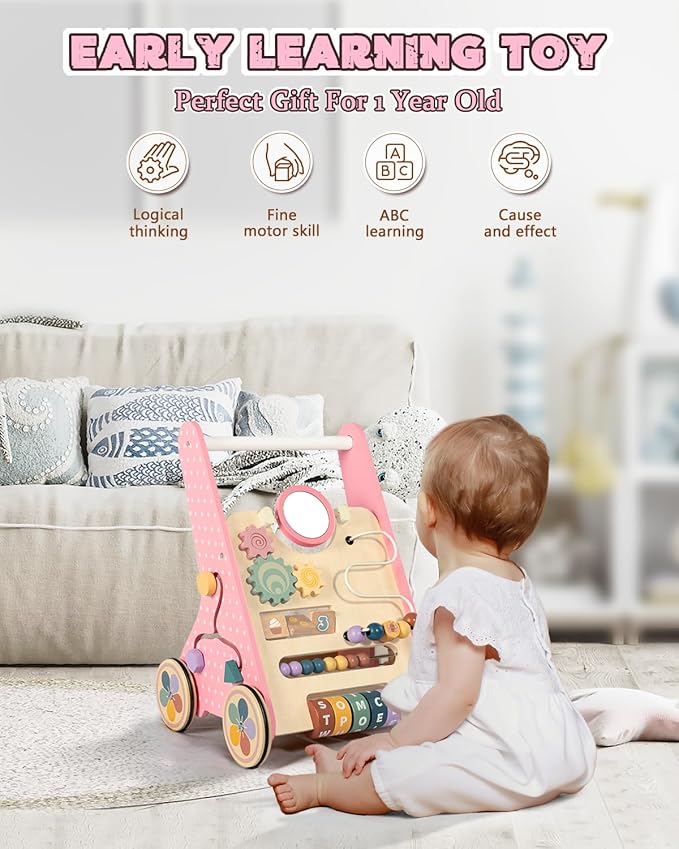 Wooden Baby Walker with Wheels, Baby Push Walkers for Girls 6-12 Months, Push Toys 1 Year Old Girl Small Size