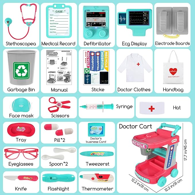 Upgraded Doctor Pretend Playset for Toddlers, Pretend Play Medical Toy Doctor Cart, Doctor Toy for Toddlers 3-5, Christmas Birthday Costume Role Play Dress Up Gift Ideas for Boys Girls