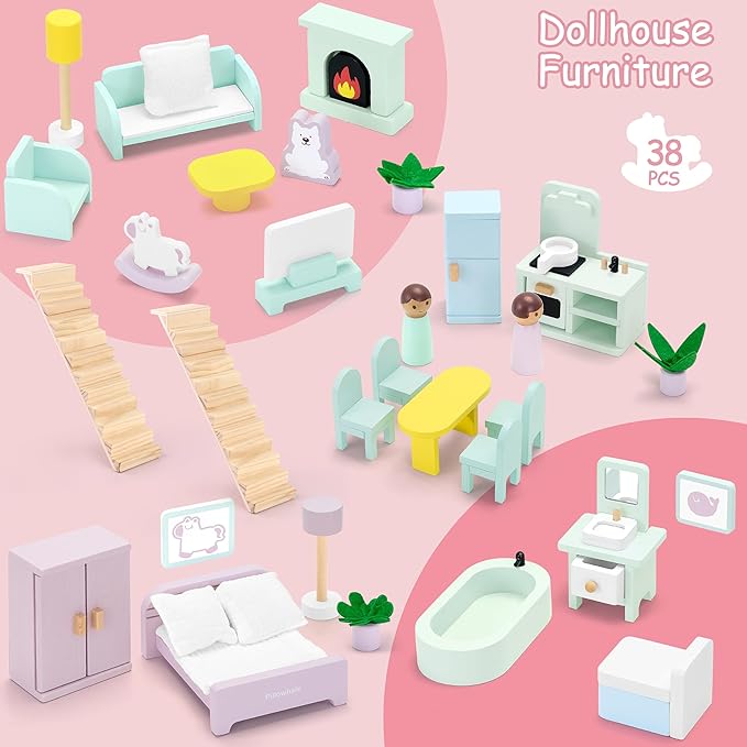 Large Wooden Dollhouse, 3-Story Doll House with 38-Pcs Furniture & Accessories, Open-Concept Floors, Balcony, Flip-Over Snow Roof, Pretend Play Doll House Gift for Kids Ages 3+