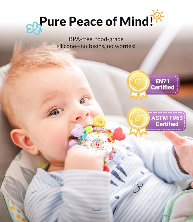 Baby Teething & Rattle Montessori Toys – Safe, Multi-Functional BPA-Free Silicone Sensory Learning Teether Toys for Infant 0-12 Months–Teething Relief & Fun Play – Perfect Baby Gift for Boys & Girls