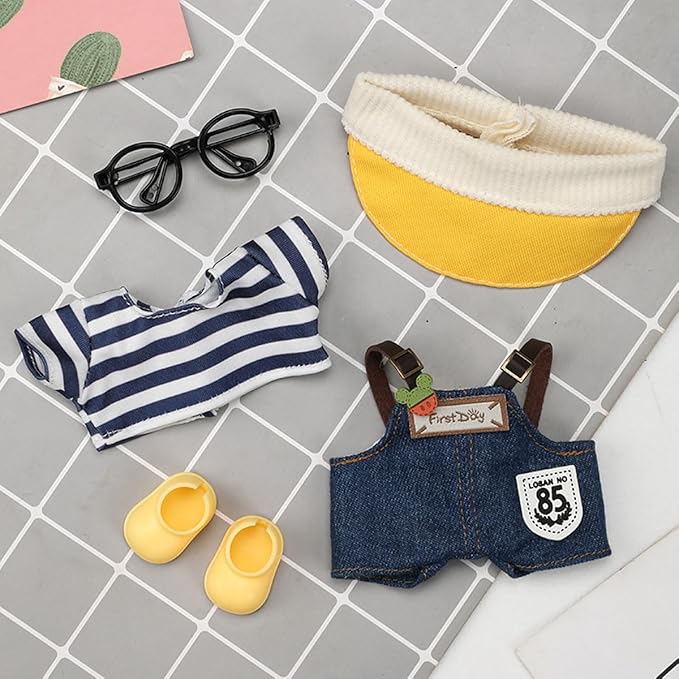 5 Pcs Set-17cm Doll Rabbit Bunny Clothes,Sunhat+Glass Frame+Shirt+Overalls Trousers+Shoes,Fashionable Outfit for Dress up Unique Style, Doll Costume Cosplay Fashion Dresses-Set 2