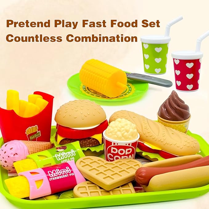 26PCS Pretend Play Kitchen Food Set - Dessert Toys with Hamburger, Hot Dog, Fries, Drink & Tray Detachable Play House Kitchen Accessories Role Play Toys Gift for Toddlers Boys Girls 3 4 5+ Years Old