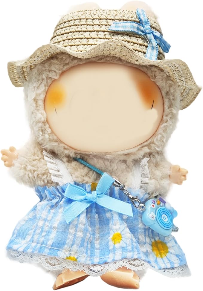 17cm Doll Clothes Set, Cute Girls Outfits and Straw Hat, 4 PCS Cute Hat & Blue Dress Set Stylish Outfits Exquisite Accessories