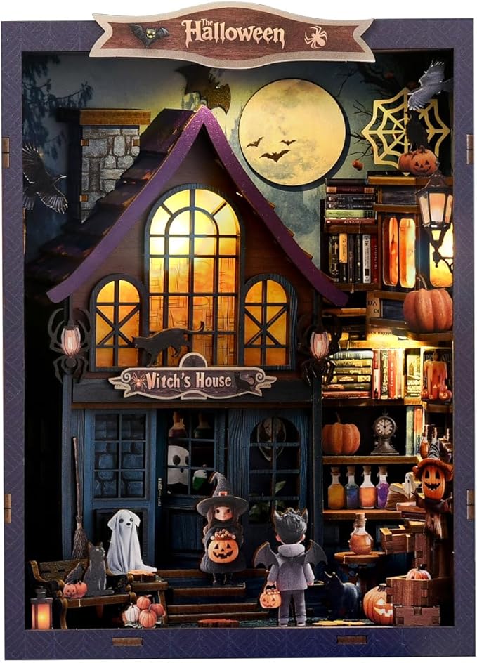 Book Nook Kit for Adults, 3D DIY Wooden Holiday Theme Miniature House Craft Kit Bookshelf Christmas Decor Halloween Birthday Gift