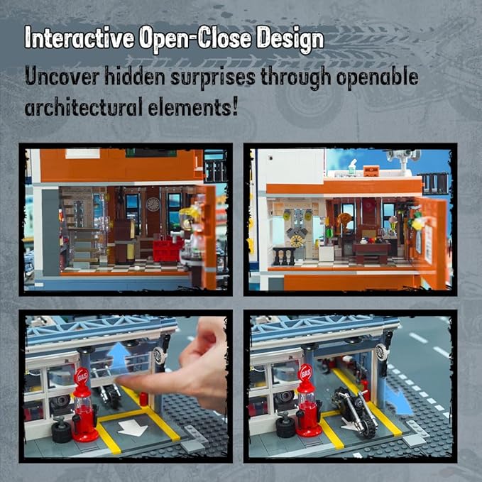 PANTASY Retro Motorcycle Diner & Bar Building Set - Modular Street Corner Architecture Kit with Interactive Doors, Openable Walls, 4 Motorcycles & 5 Exclusive Minifigures for Display & Play