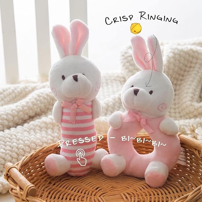 Plush Baby Soft Rattle Toys, Pink Bunny for Infants, First Stuffed Animal Shaker Set for Newborns, Soft Ring Sensory Toys for Infant Boys Girls, Baby Shower Gifts, 2 PCS