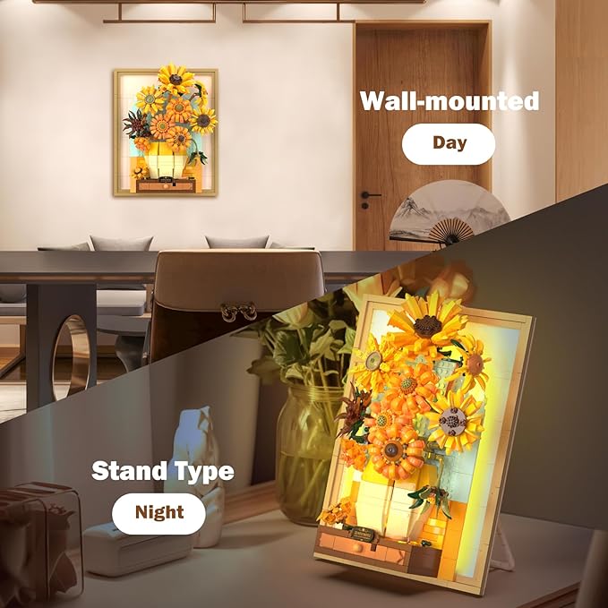 NUTCRACKER Sunflower Flower Building Set with Sensor Light, 3D Sunflower Van Gogh Painting Frame Wall Art Crafts for Home Office Decor, Easter Birthday Gift for Adult Girls 14+ (1166 Pieces)