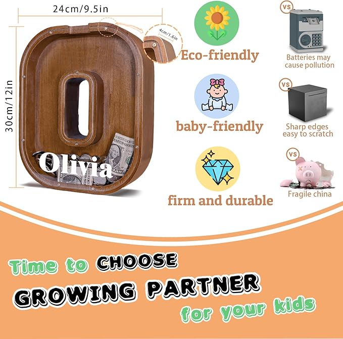 Wooden Letter Piggy Bank for Kids Larger Letter Piggy Bank for Boys and Girls Personalized Piggy Bank Initial Coin Bank Wood Kids Money Bank for Birthday and Festival