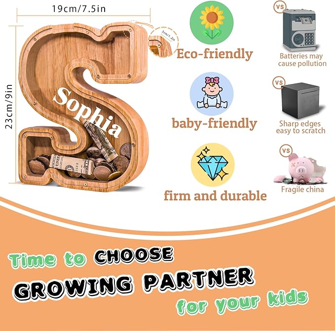 Wooden Letter Piggy Bank for Kids Larger Letter Piggy Bank for Boys and Girls Personalized Piggy Bank Initial Coin Bank Wood Kids Money Bank for Birthday and Festival