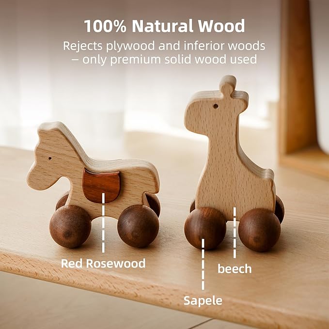 Wooden Push Car Toy Set – 4PCS Montessori Wooden Cars for Kids Age 3+ | Push & Pull Animal Toy Cars (Puppy, Elephant, Pony, Giraffe) | Safe Wooden Baby Toys Gift