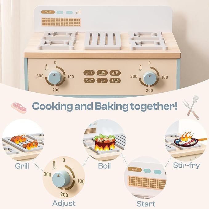 ROBOTIME Wooden Toy Kitchen Oven Playset, Montessori Pretend Play Kitchen Accessories with Pizza and Cupcakes Food Toys, Wooden Pizza Oven Set Toys for Toddlers & Kids, WCF28
