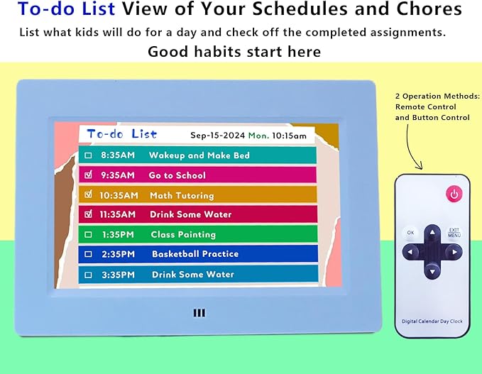 Véfaîî Digital Teaching Clock Talking Time, 24 Alarms Custom Reminders, Checklist to-Do List, Auto DST & Calendar Display, Sleep Trainer, Easy to Use for Kids Birthday Gift- Blue with Remote