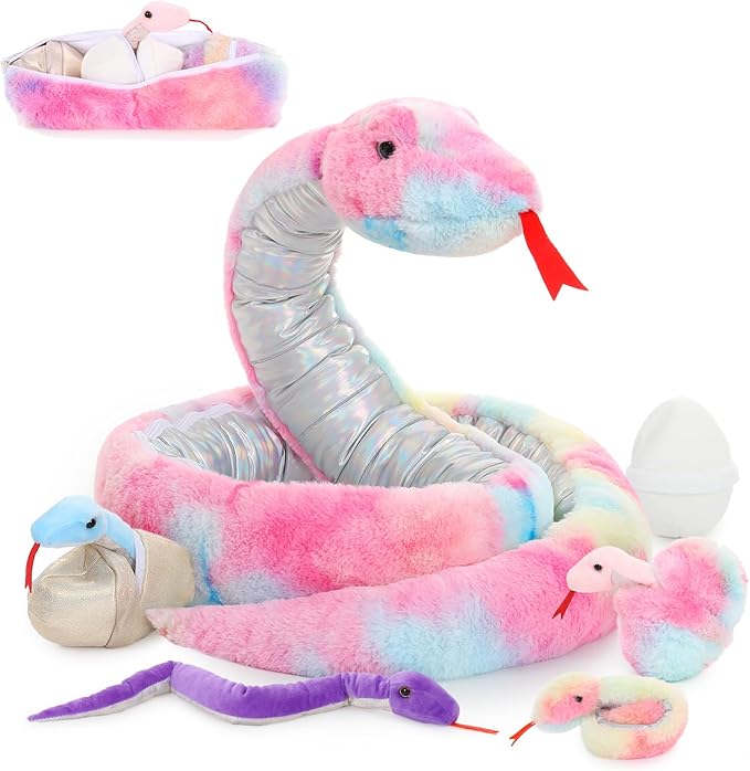 MaoGoLan 118 inch Giant Stuffed Snake Mommy with 4 Babies & 3 Eggs Inside, 8Pcs Rainbow Snake Stuffed Animal Bulk Large Boa Constrictor Plush for Boys Girls Kids Halloween Props Birthday Gifts