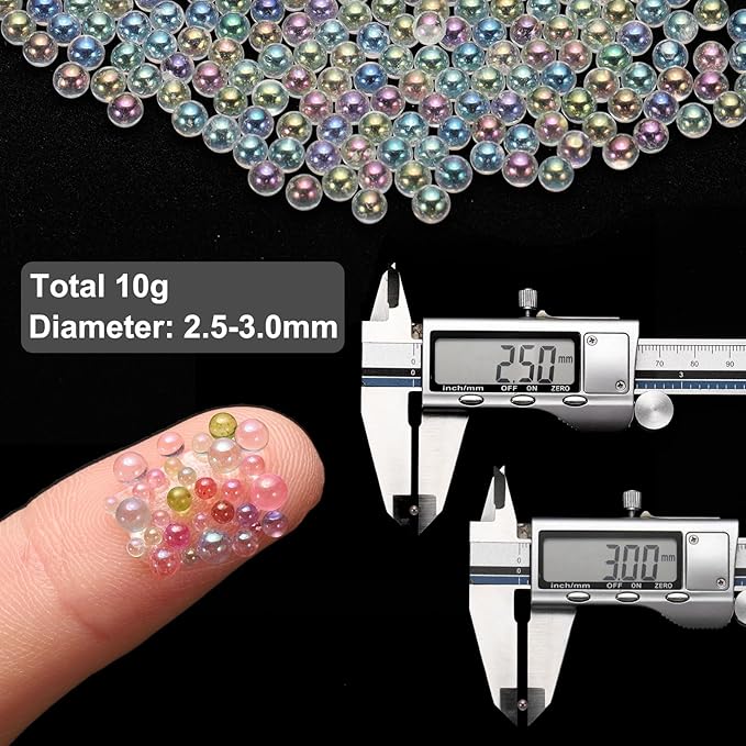 Iridescent Glass Tiny Bubble Beads, 2.5-3.0mm 10g No Hole Micro Mini Round White Transparent Water Droplets Beads - Applications: for Resin Filler, Nail Art, Dollhouse Bath Tub