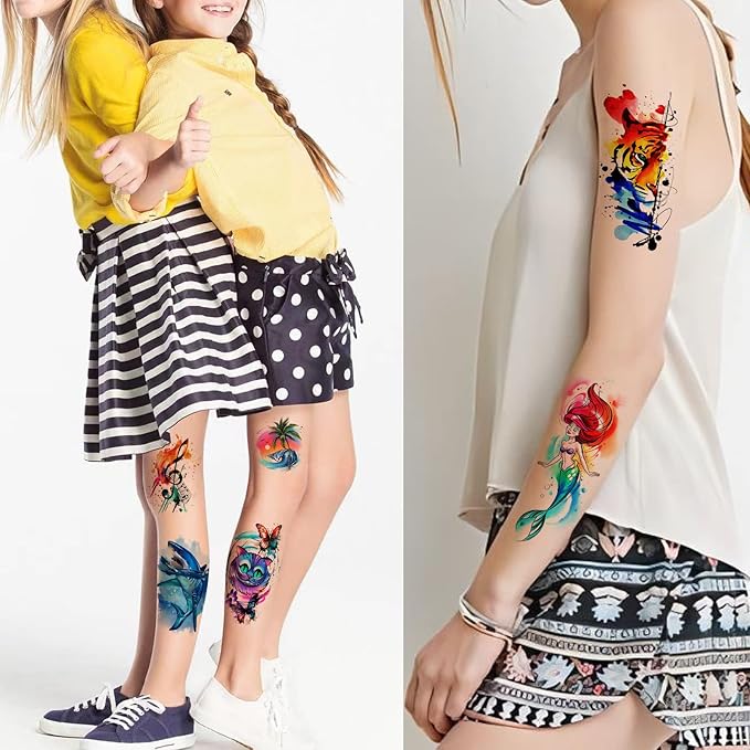 48 Watercolor temporary tattoos for adult and kids,Arm tattoo, body tattoo, watercolor lion wolf mermaid cat tiger,waterproof temporary tattoos realistic for women girls and kids, colourful