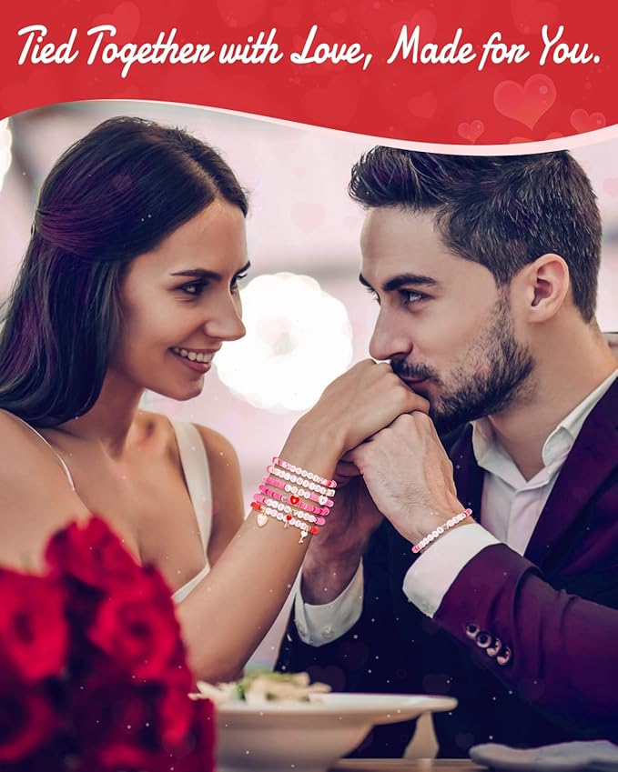 Goldwise Valentine's Day Friendship Bracelet Kit, Pink Beads, Jewelry Making Kit with 5 Kinds of Unique Pink Clay Beads, Letter Beads and Charms, GIFS for Fans, Couples and Best Friends