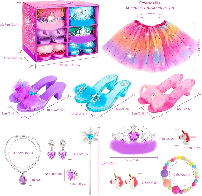 Princess Dress Up Shoes Set, Girls Dress Up Toys Toddler Jewelry Boutique Kit, 3 Themes of Unicorn Mermaid Ice Princess Costumes Set, Pretend Play Gifts for Little Girls Aged 3-6 Years Old