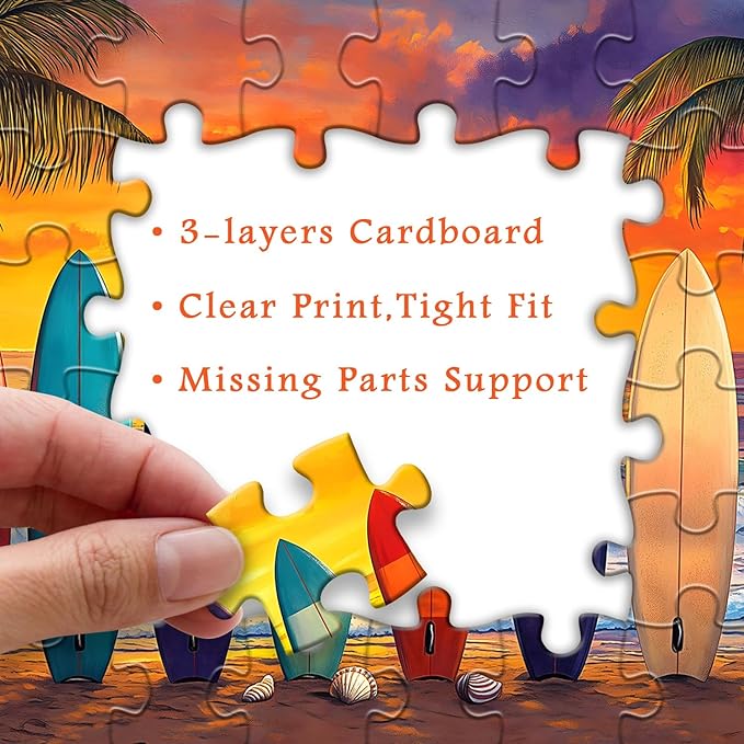 Beach Sunset 1000 Piece Puzzle for Adults, PICKFORU Summer Seaside Surfboard Jigsaw Puzzles, Colorful Hard Beach Vacation Theme as Art Decor