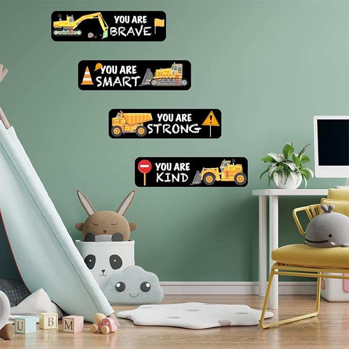 4 PCS Construction Wall Decals Glow in The Dark，Construction Stickers Toddler Room Decor for Kids Baby Nursery, Boys Glowing Motivational Wall Art Inspirational Sticker
