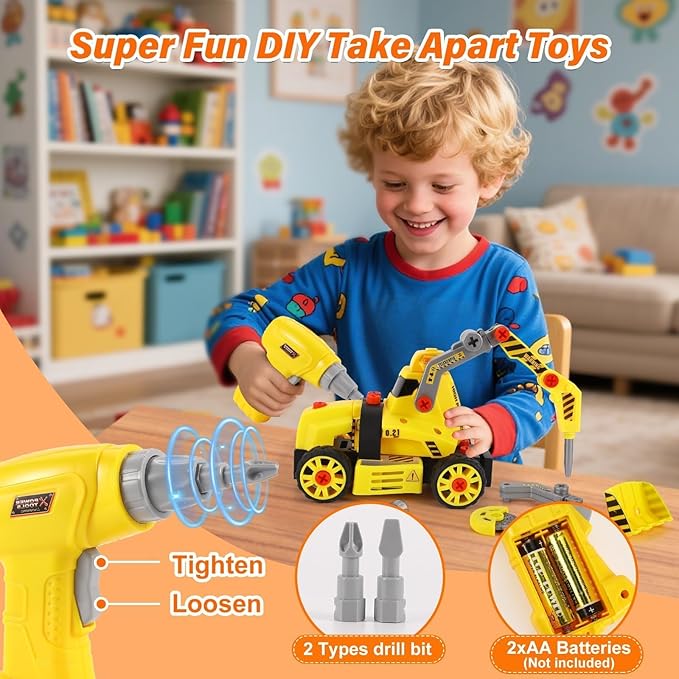 9 in 3 Take Apart Toys with Electric Drill Take Apart Truck Construction Set DIY Engineering Building Push Go STEM Toy Gift for Boys Ages 4-7 Years Old Gift
